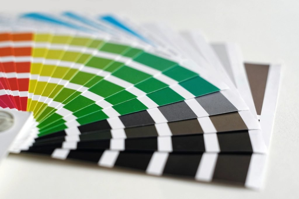 Fanned-out color swatch cards showing a gradient from red through yellow, green, and black
